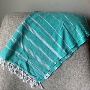 Mazi Small Turkish Towel Beach Yoga Teal Stripe Tassel NWOT